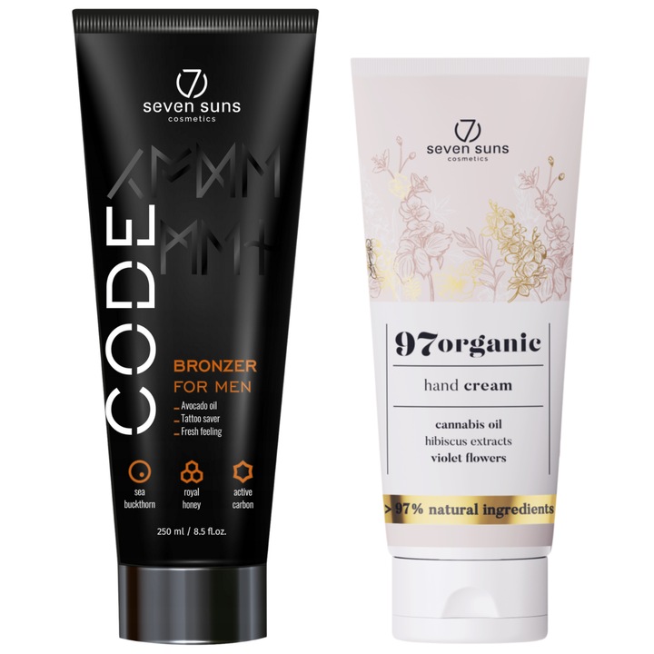 Set autobronzant pentru barbati 7suns Code Bronzer 250ml + crema de maini 75ml, culoare maro inchis