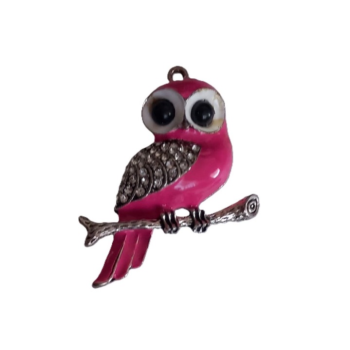 Pandantiv metal argintiu bufnita 52mm x 43mm roz fucsia metal emailat cu o fata fara lant