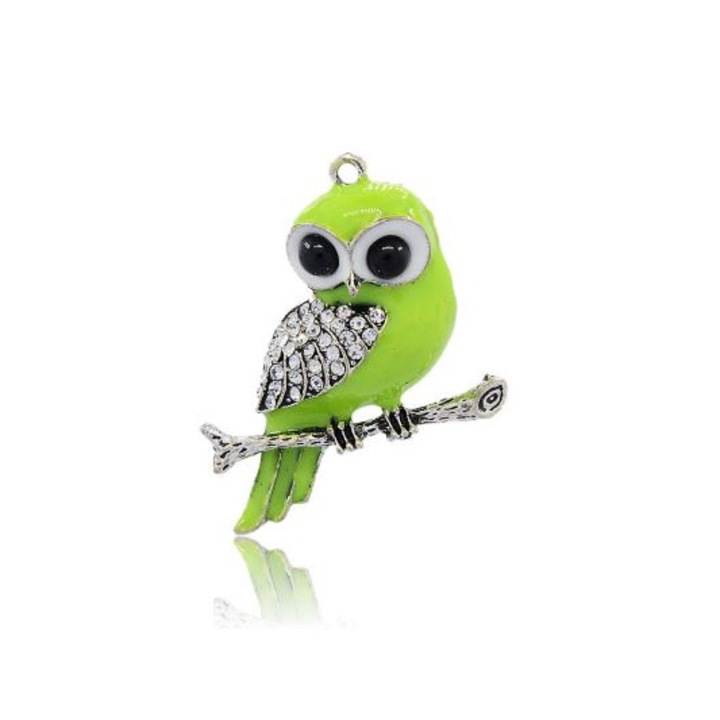 Pandantiv metal argintiu bufnita 52mm x 43mm verde lime metal emailat cu o fata fara lant