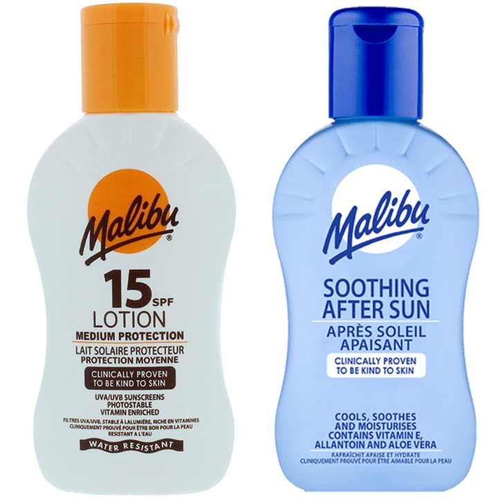 Malibu Védőbalzsam SPF15 100ml + Napozás utáni balzsam 100ml szett, minden bőrtípusra, uniszex