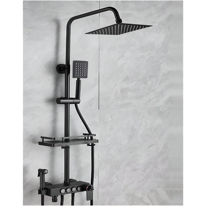 Intelligens zuhanyoszlop, LED-kijelző, termosztatikus vezérlés, 4 permetezési mód, levegőspray technológia, LED-lámpák, prémium anyagok, zuhanyfej, rejtett csaptelep, nincs elektromos csatlakozás, SMART GADGETS C&A, matt fekete