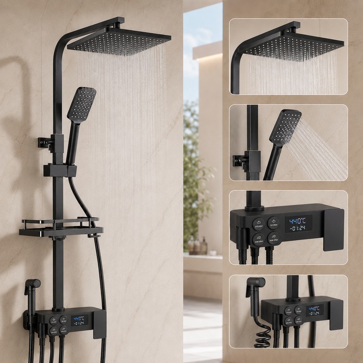 Coloana de Dus Smart, Afisaj LED,110-140cm,4 Moduri de Pulverizare, Tehnologie de Pulverizare cu Aer, Lumini LED, Materiale Premium, Para Dus, Robinet Ascuns, Fara Conectare Electrica, SMART GADGETS C&A, Negru Intens