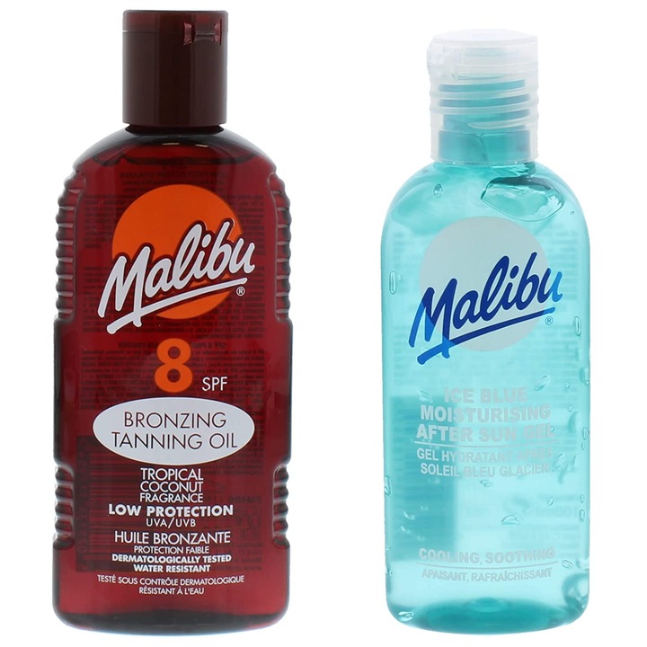 Ulei de bronzare Malibu SPF8 200ml + Gel dupa bronzare 100ml, protectie scazuta, miros de nuca de cocos, unisex