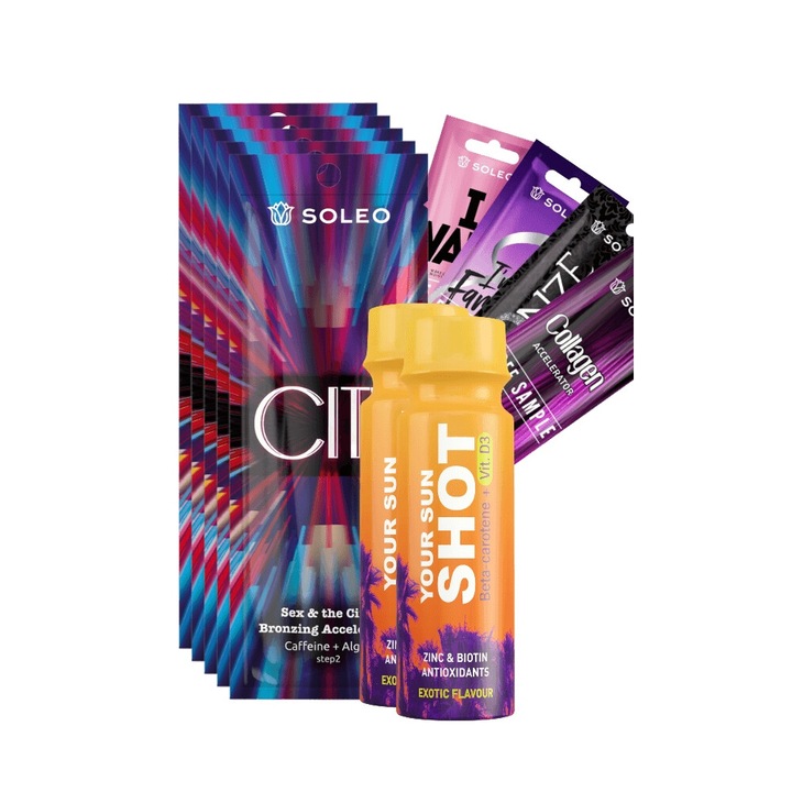 Комплект за бронзиране Soleo City 5x15ml с ускорител на тен, 4x5ml мостри, чувствен аромат, за нормална кожа