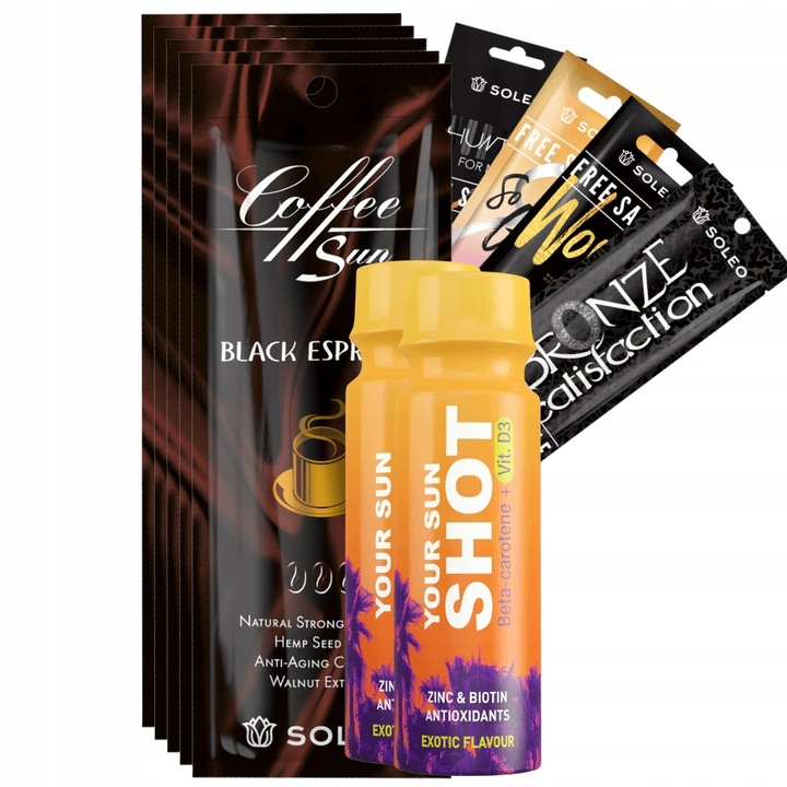 Комплект за самобронзант Soleo Black Espresso 5x15ml, 5 сашета бронзант, 2x Sun Shot Mix, тъмен нюанс, унисекс