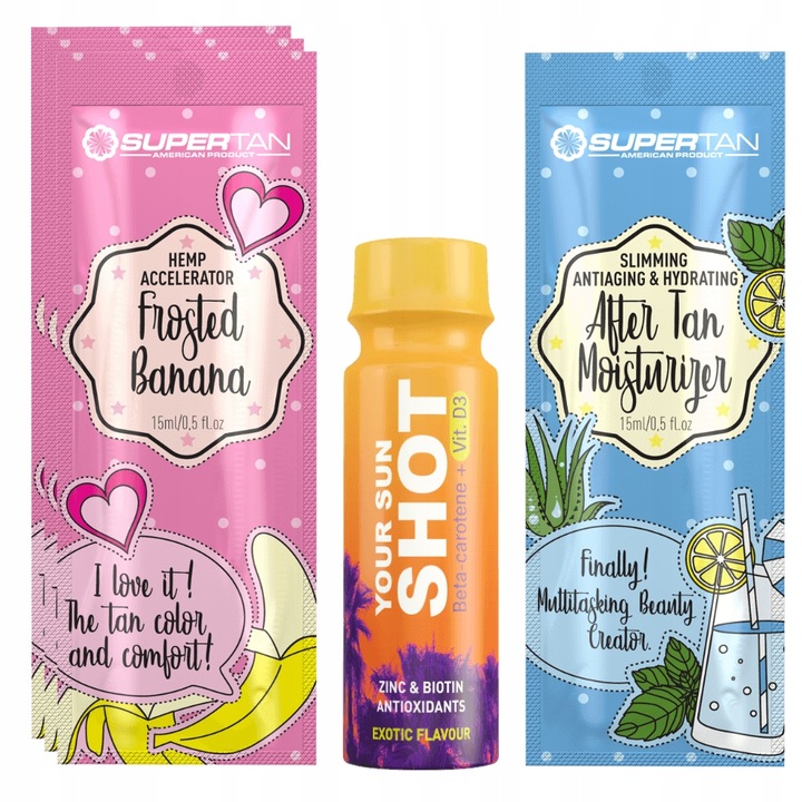 Комплект Supertan Frosted Banana 3x15ml Ускорител на тен + 80ml Your Sun Shot + 15ml Балсам за след слънце, матов банан, унисекс