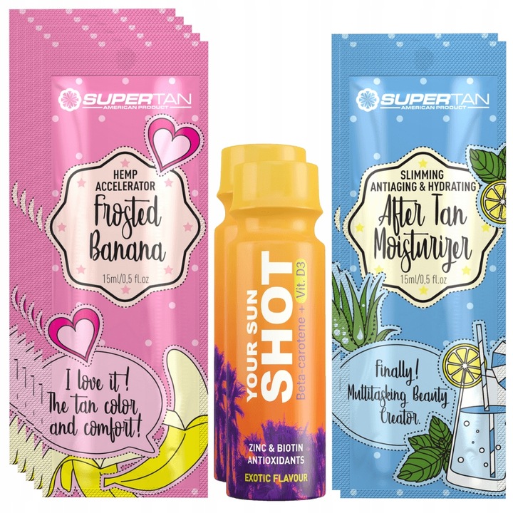 Комплект за ускоряване на тен Supertan Frosted Banana 5x15ml, 2x Your Sun Shot Exotic 80ml, 2x балсам за след слънце 15ml, матов банан