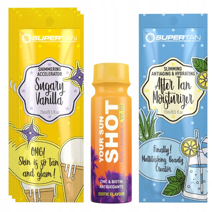 Комплект Supertan Sugary Vanilla 3x15ml Ускорител на тен с частици, 1x Your Sun Shot Exotic 80ml, 1x Балсам за след слънце 15ml, ванилия, унисекс