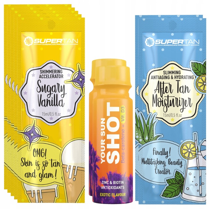 Комплект Supertan Sugary Vanilla 5x15ml Ускорител за тен, 2x Your Sun Shot Exotic 80ml, 2x Балсам за след слънце 15ml, ванилия, унисекс