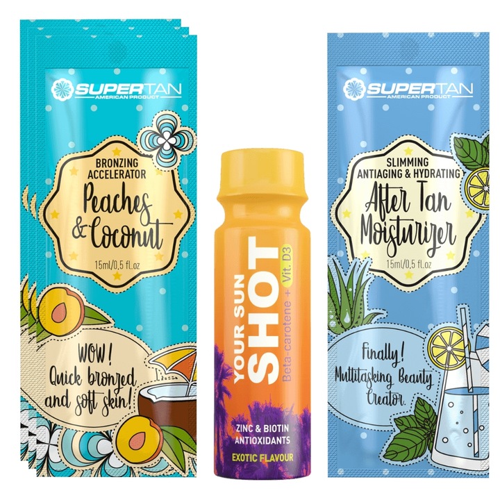 Комплект за самобронзант Supertan Peaches & Cocos 3x15ml с ускорител, 1x Your Sun Shot 80ml, 1x балсам за след слънце 15ml, многоцветен