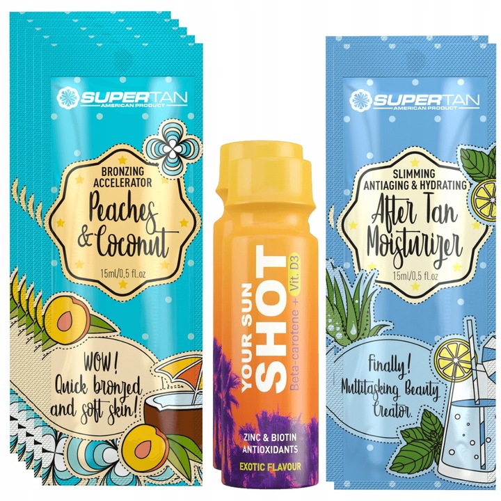 Комплект за самобронзант Supertan Peaches & Cocos 5x15ml с ускорител, 2x Your Sun Shot Exotic 80ml, 2x балсам за след слънце 15ml
