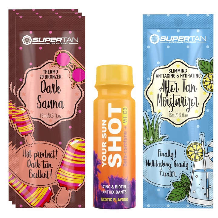 Supertan Dark Sauna 3x 15ml önbarnító szett, erős termikus barnító, 1x Your Sun Shot Exotic 80ml, 1x napozás utáni balzsam 15ml, többszínű