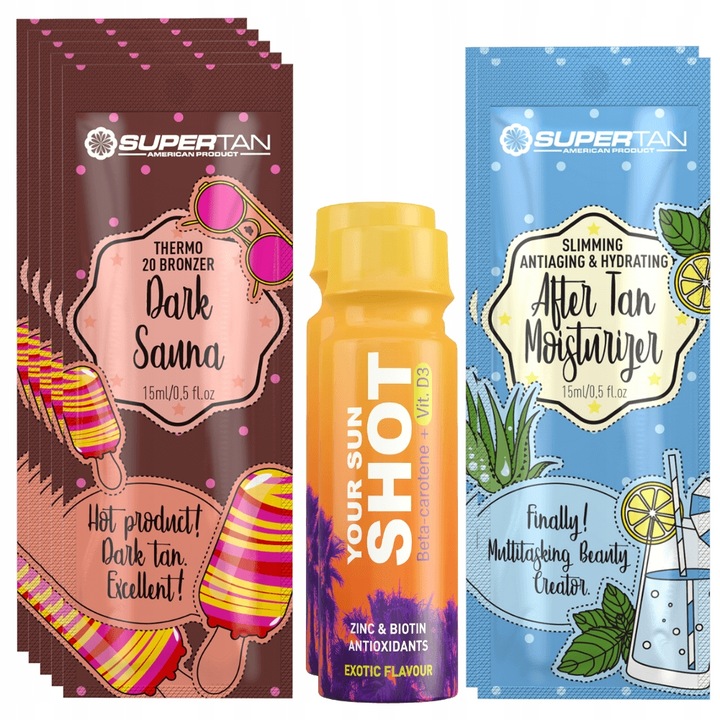 Supertan Dark Sauna önbarnító szett 5x15ml, erős termikus barnító, 2x Your Sun Shot Exotic 80ml, 2x napozás utáni balzsam 15ml, többszínű