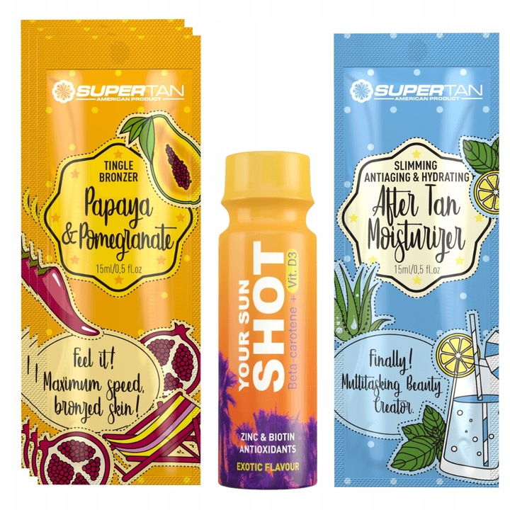Supertan Papaya és Gránátalma szett 3x15ml Tingle Bronzosító + 1x Your Sun Shot Exotic 80ml + 1x Napozás utáni balzsam 15ml