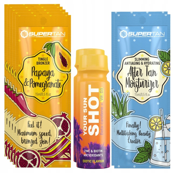Supertan Papaya és Gránátalma szett 5x15ml Tingle Bronzosító + 2x Your Sun Shot Exotic 80ml + 2x Napozás utáni balzsam 15ml