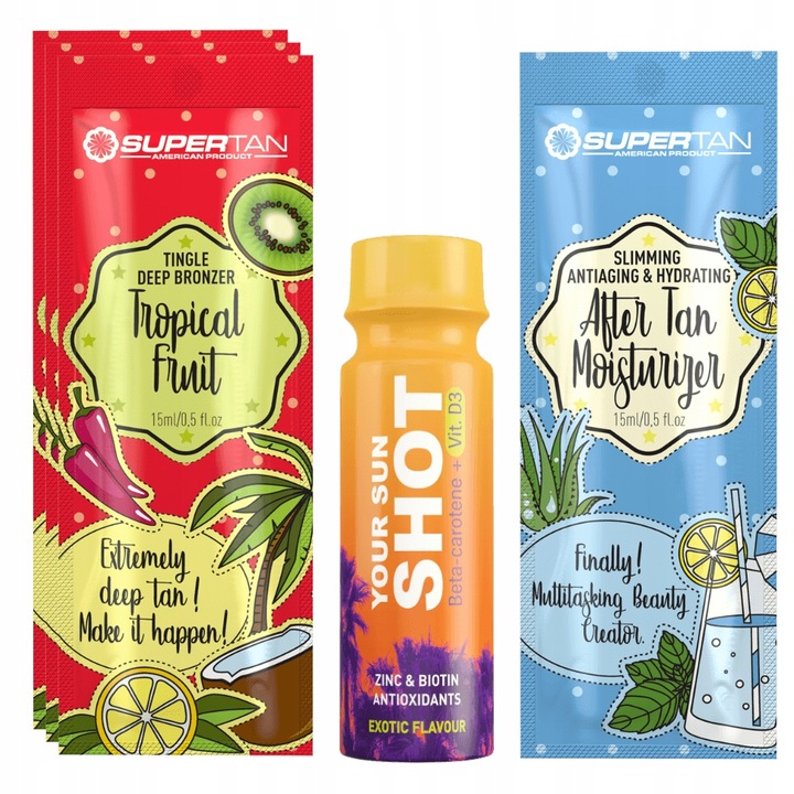 Supertan Tropical Fruit 3x15ml önbarnító szett, bizsergő hatású, 1x Your Sun Shot Exotic 80ml, 1x napozás utáni balzsam 15ml
