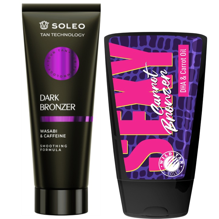 Set autobronzante Soleo Tan Dark Bronzer 200ml si Wild Tan Sexy Morcov 125ml, unisex, normal, miros struguri-menta si floare de banana