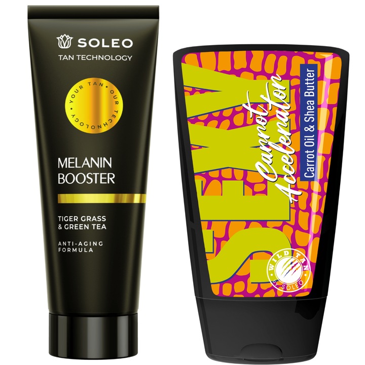 Soleo Tan melanin fokozó + Wild Tan Sexy Carrots önbarnító testápoló, 200ml + 125ml, grenadin és banánvirág illattal