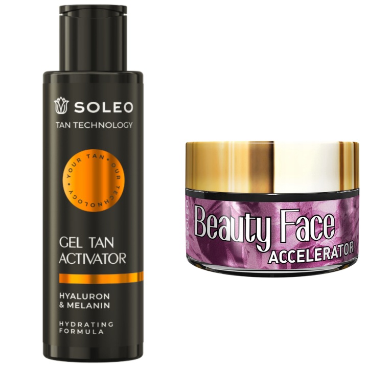 Soleo Gel Activator Autobronzant + Accelerator Beauty Face, 125ml + 15ml, Hidratant, Miros Pepene Pur si Flori Roz