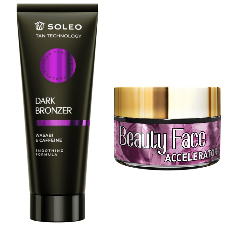 Set autobronzante Soleo Tan Technology Dark Bronzer 200ml si Beauty Face Accelerator 15ml, culoare struguri-menta, pentru toate tipurile de piele
