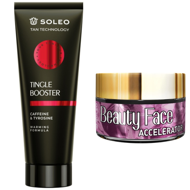 Soleo Tan Tingle Booster + Beauty Face Set, accelerator bronzare, efect de furnicaturi, 200 ml + 15 ml, miere mirabela, flori roz
