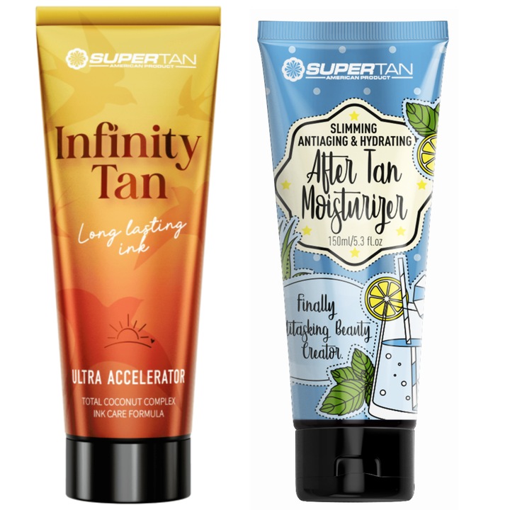 Комплект за самозагар Supertan Infinity Tan 200 мл + Лосион за след тен 150 мл, аромат на тропическо личи и кремообразна ванилия, унисекс
