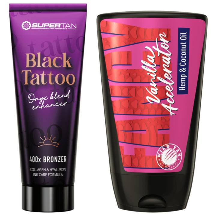 Комплект Supertan Black Tattoo 200ml и Wild Tan Fancy Vanilla 125ml, интензивен тен, хидратация, кокос, ванилия