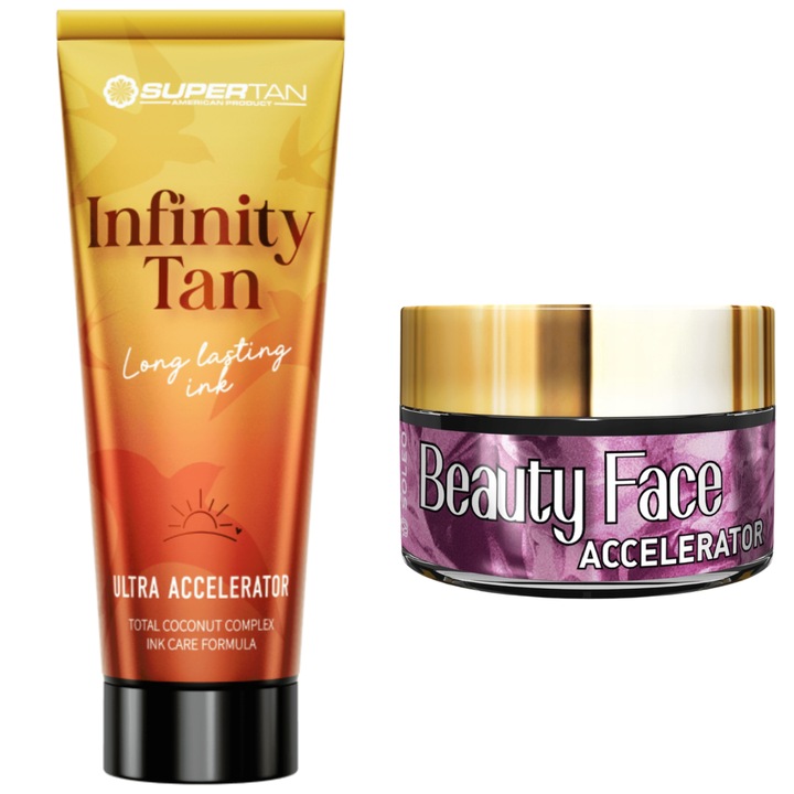 Supertan Infinity Tan + Beauty Face Set, barnulásgyorsító, 200 ml + 15 ml, trópusi licsi, rózsaszín virágok