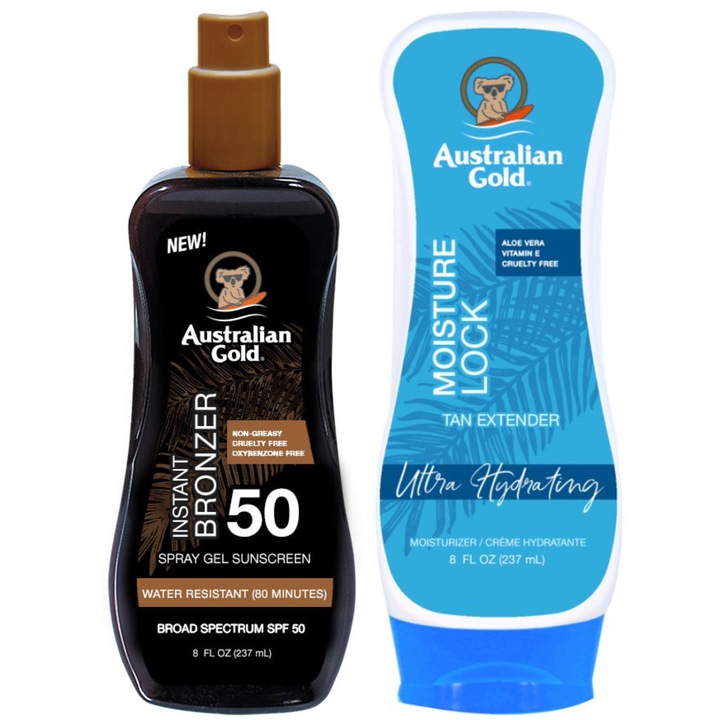 Gel de spray autobronzant Australian Gold SPF50, 237 ml, cu bronzer, pentru piele normala, unisex
