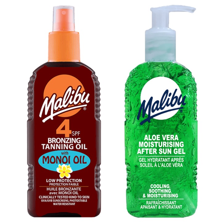 Malibu слънцезащитен крем SPF4, гел за след тен с алое вера, 200 мл, ниска защита, унисекс