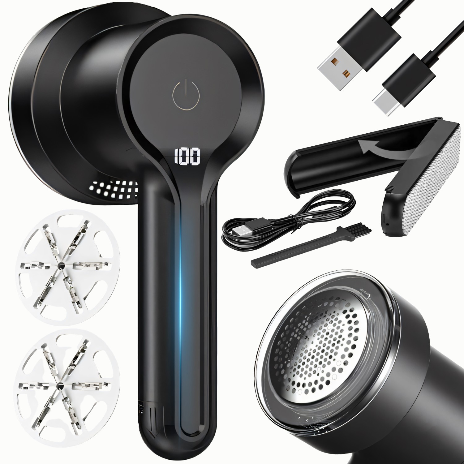 Aparat de Curatat Scame RETOO HandyTools cu Ecran LCD, Indicator al Bateriei si 3 Niveluri de Putere 6500/7500/8500 RPM, 6 Lame, Acumulator Li-Pol 1200mAh Reincarcabil prin USB-C, Utilizabila in Timpul Incarcarii, 3 Seturi de Lame Incluse, Negru
