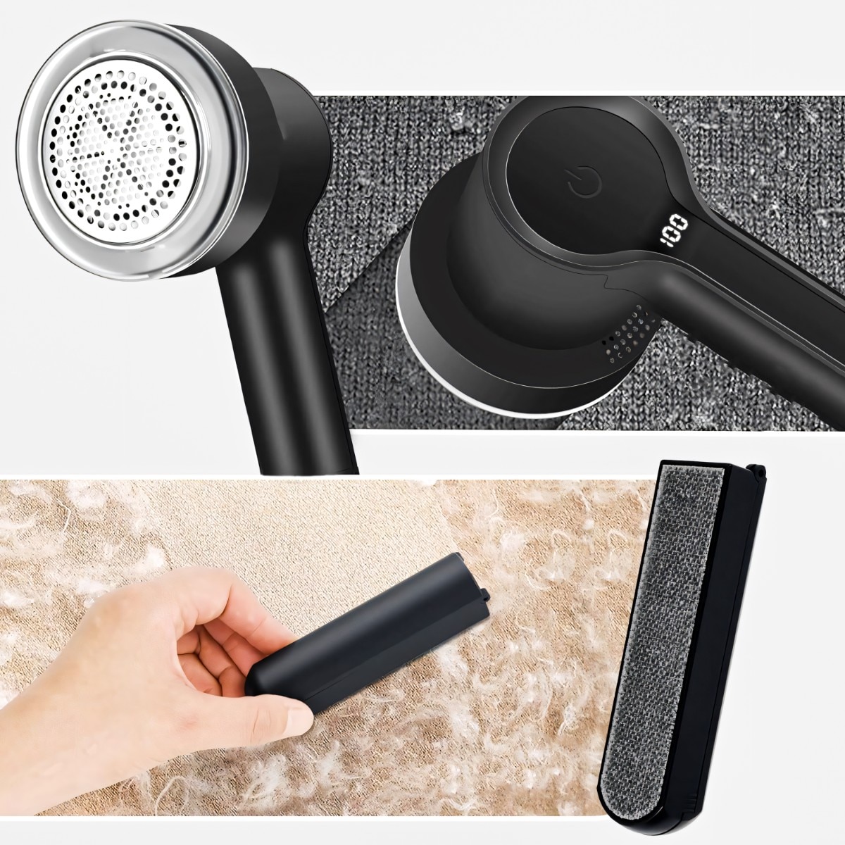 Aparat de Curatat Scame RETOO HandyTools cu Ecran LCD, Indicator al Bateriei si 3 Niveluri de Putere 6500/7500/8500 RPM, 6 Lame, Acumulator Li-Pol 1200mAh Reincarcabil prin USB-C, Utilizabila in Timpul Incarcarii, 3 Seturi de Lame Incluse, Negru