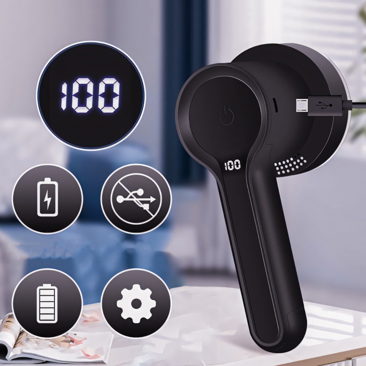 Aparat de Curatat Scame RETOO HandyTools cu Ecran LCD, Indicator al Bateriei si 3 Niveluri de Putere 6500/7500/8500 RPM, 6 Lame, Acumulator Li-Pol 1200mAh Reincarcabil prin USB-C, Utilizabila in Timpul Incarcarii, 3 Seturi de Lame Incluse, Negru
