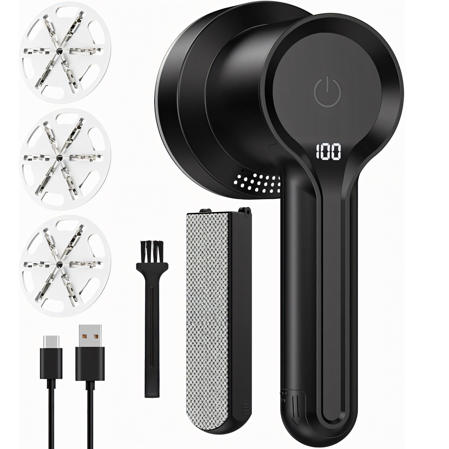 Aparat de Curatat Scame RETOO HandyTools cu Ecran LCD, Indicator al Bateriei si 3 Niveluri de Putere 6500/7500/8500 RPM, 6 Lame, Acumulator Li-Pol 1200mAh Reincarcabil prin USB-C, Utilizabila in Timpul Incarcarii, 3 Seturi de Lame Incluse, Negru