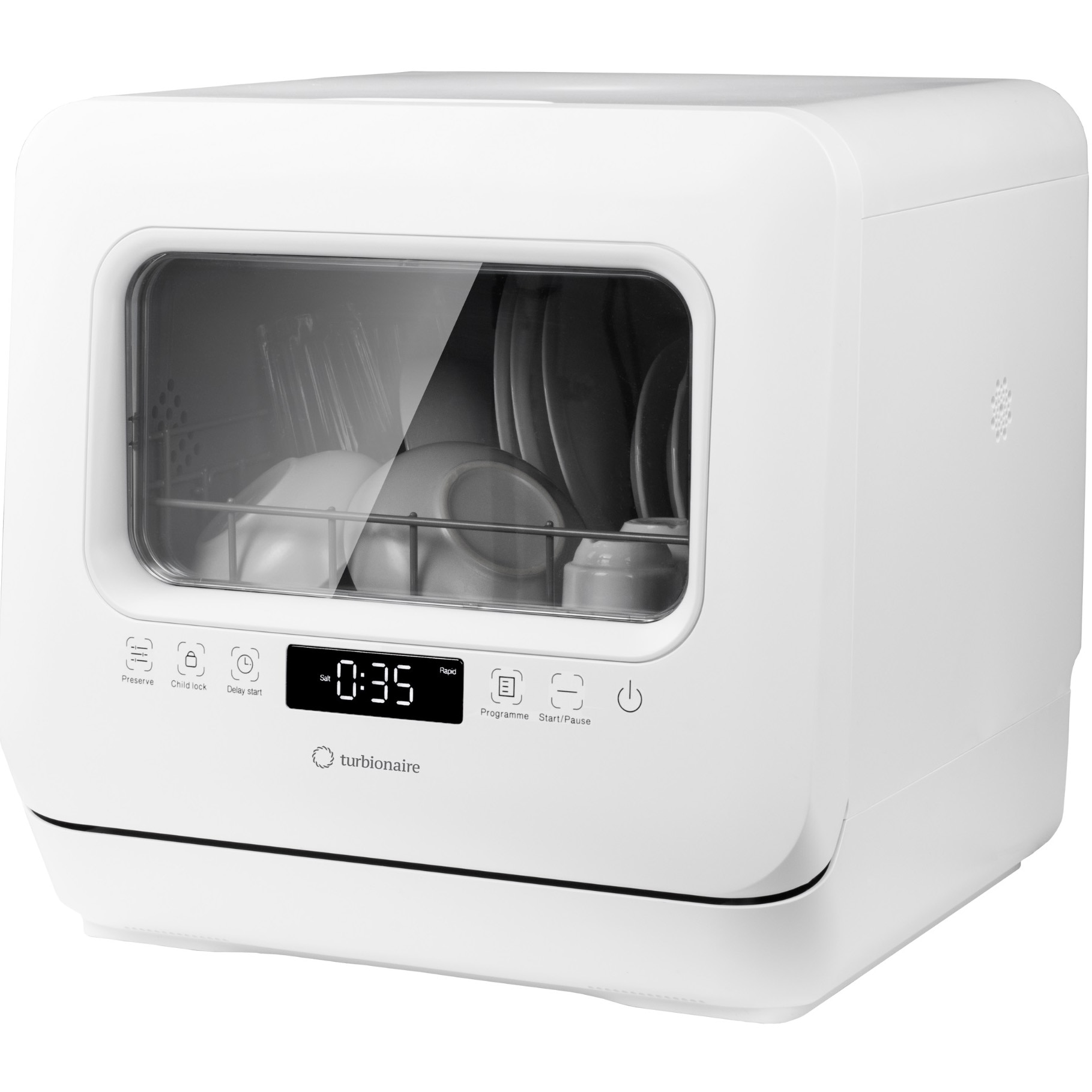 Masina de spalat vase compacta Turbionaire AVA 3 TPDSAVA3CTD, Rezervor apa 7 l detasabil, 6 programe, Indicator sare, Dedurizator apa, Pornire intarziata, Pompa evacuare apa, Dubla