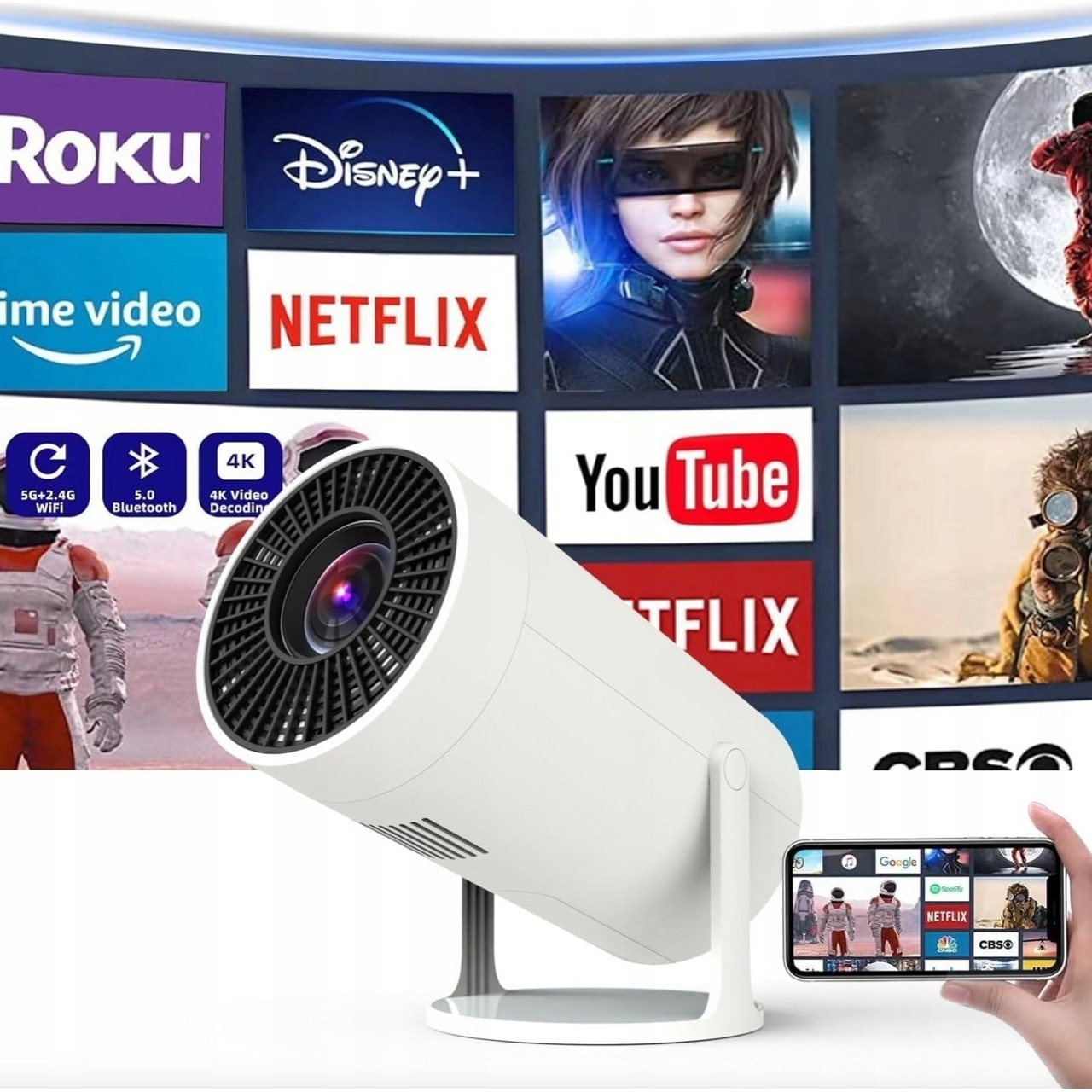 Consola de gaming cu videoproiector, 4k, cu telecomanda, WiFi, bluetooth, auto corectie imagine, difuzor incorporat, HDMI, USB, alb