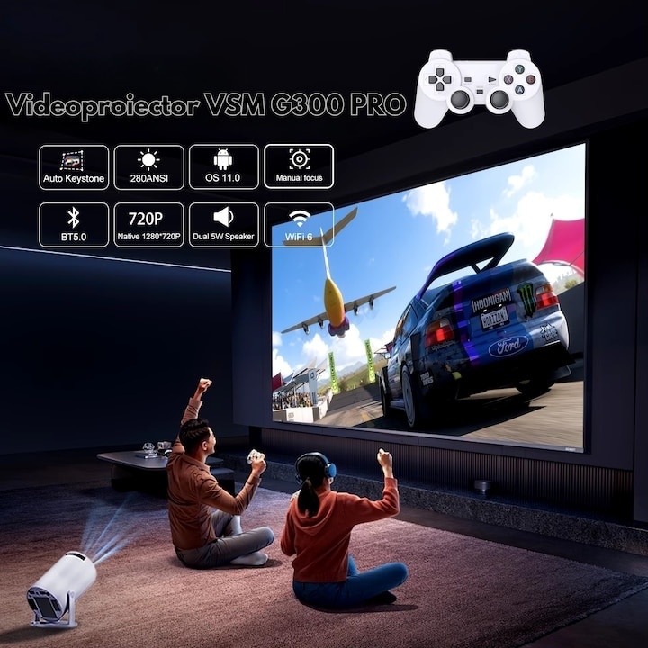 Consola de gaming cu videoproiector, 4k, cu telecomanda, WiFi, bluetooth, auto corectie imagine, difuzor incorporat, HDMI, USB, alb