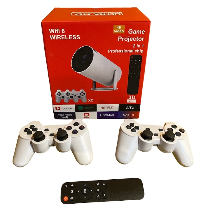 Consola de gaming cu videoproiector, 4k, cu telecomanda, WiFi, bluetooth, auto corectie imagine, difuzor incorporat, HDMI, USB, alb