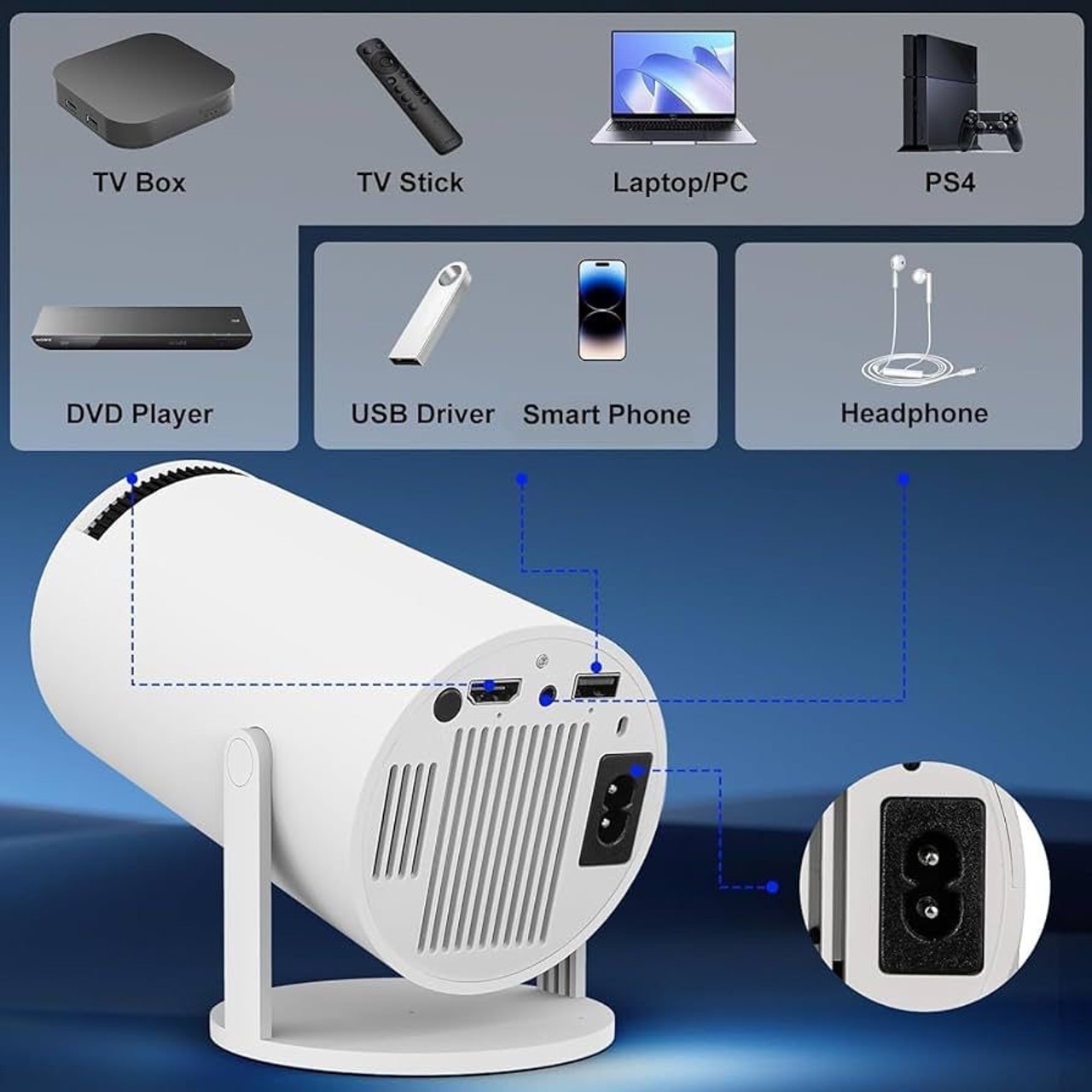 Consola de gaming cu videoproiector, 4k, cu telecomanda, WiFi, bluetooth, auto corectie imagine, difuzor incorporat, HDMI, USB, alb