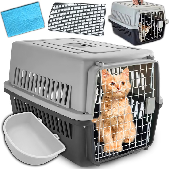 Kisállathordozó , RETOO PetCare, fém ajtóval, fogantyúval és ajtóra szerelhető itatóval, maximális súly 15 kg, 48x35x30 cm, macskák, nyulak, kutyák és egyéb kisállatok számára, nedvszívó szőnyeggel