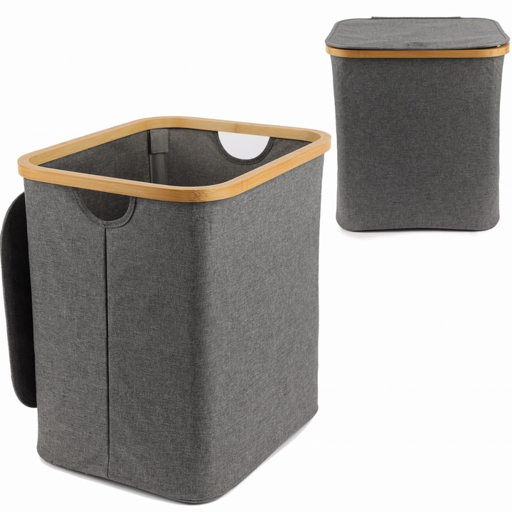 Cos de rufe pliabil 60L Jumi, gri natural, bambus si poliester, 40x33x45 cm