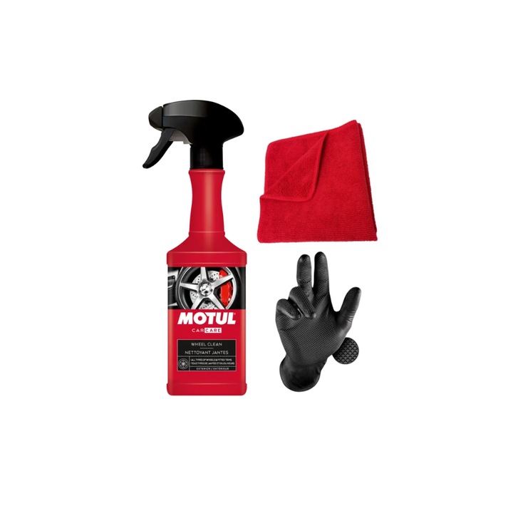 Solutie Curatare Jante, Motul Wheel Clean, 500ml, Laveta din Microfibra, Profesionala, 30x30 cm, 1 pereche manusi