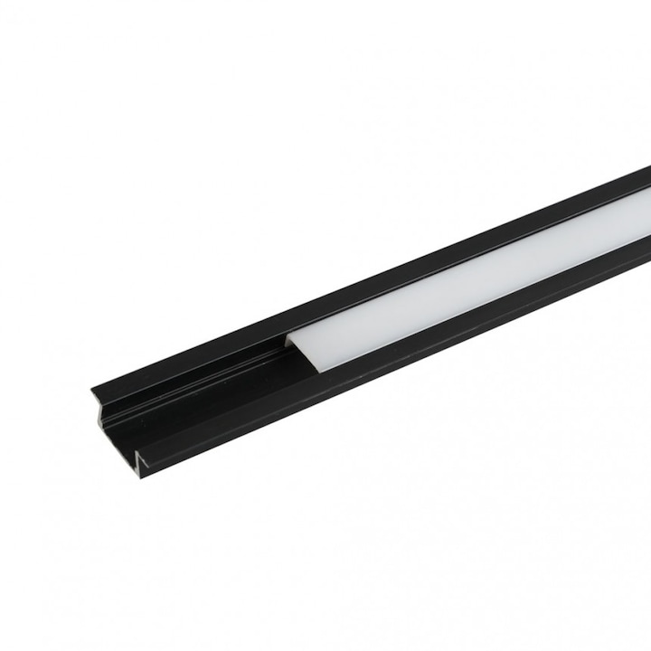 Alumínium profil LED szalaghoz Lightex, 12mm, PR0217, Süllyesztett beépítéshez, 21,7mm*6,7mm, Tekervényes diffúzorral, Kupakok, Tartók, 2 méter, Fekete