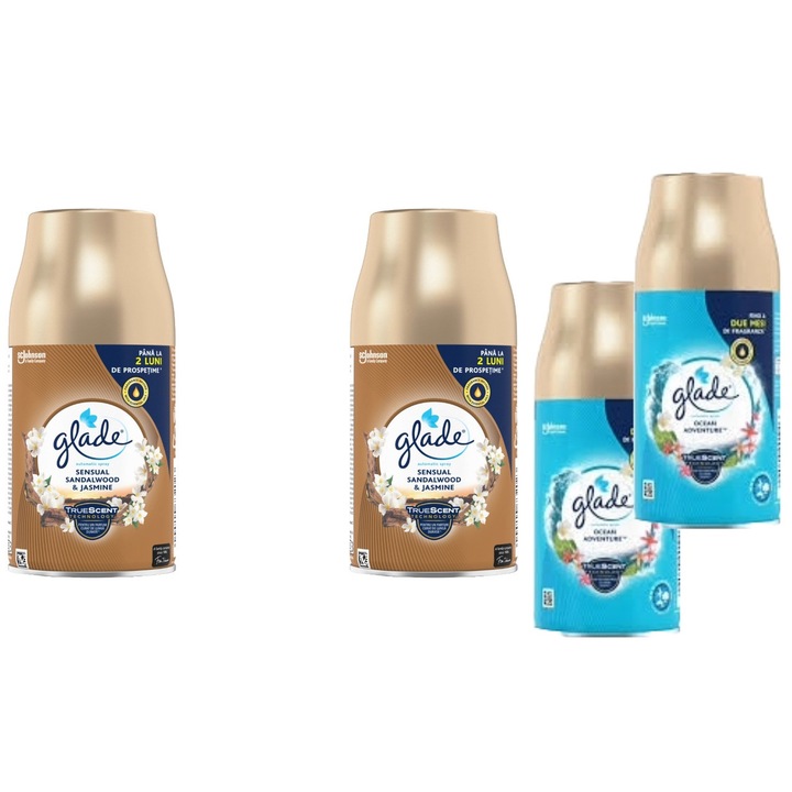 Set 4 x Glade Variety, 2 x Odorizant Camera Rezerve 269ml Jasmine, 2 x Odorizant Camera Rezerve 269ml Ocean Adventure, fresh aroma, parfum floral, persistenta indelungata, testat dermatologic, ingrediente naturale, elimina mirosuri neplacute