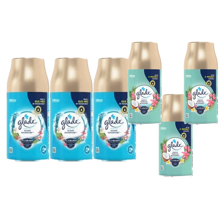 Set 6 x Glade Variety, 3 x Odorizant Camera Rezerve 269ml Ocean Adventure, 3 x Odorizant Camera Rezerve 269ml Exotic Tropical Blossoms, fresh aroma, parfum floral, persistenta indelungata, testat dermatologic, elimina mirosuri neplacute