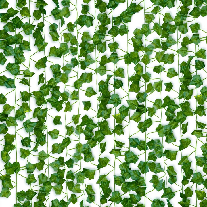 Комплект от 12 гирлянди от изкуствен бръшлян, Gardlove IsoTrade, височина 2,1 метра, общо 25,2 метра, за вътрешна и външна декорация, размер на листата 4x4 cm