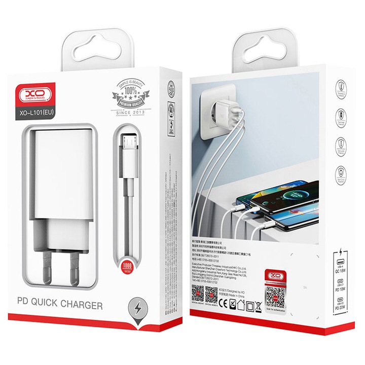 XO hálózati töltő + MicroUSB kábel, 20 W, 2xUSB-C, 1xUSB-A, PD, QC 3.0, FEHÉR