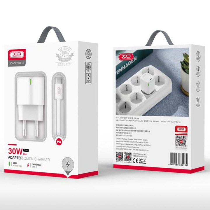 XO hálózati töltő + gyorstöltő kábel, GaN, 30 W, 1xUSB-C, PD, fehér