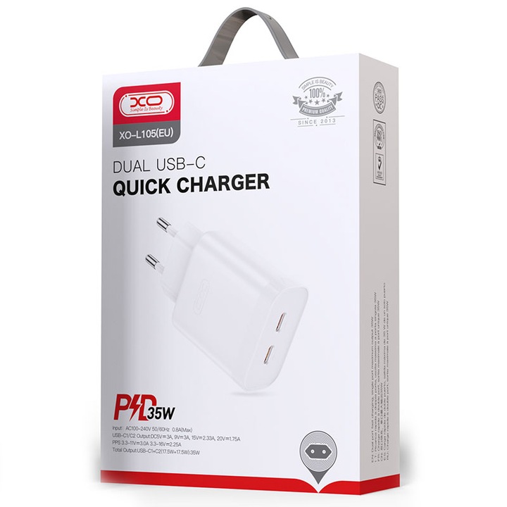 Incarcator Retea XO, 35W, 2xUSB-C, PD, WHITE