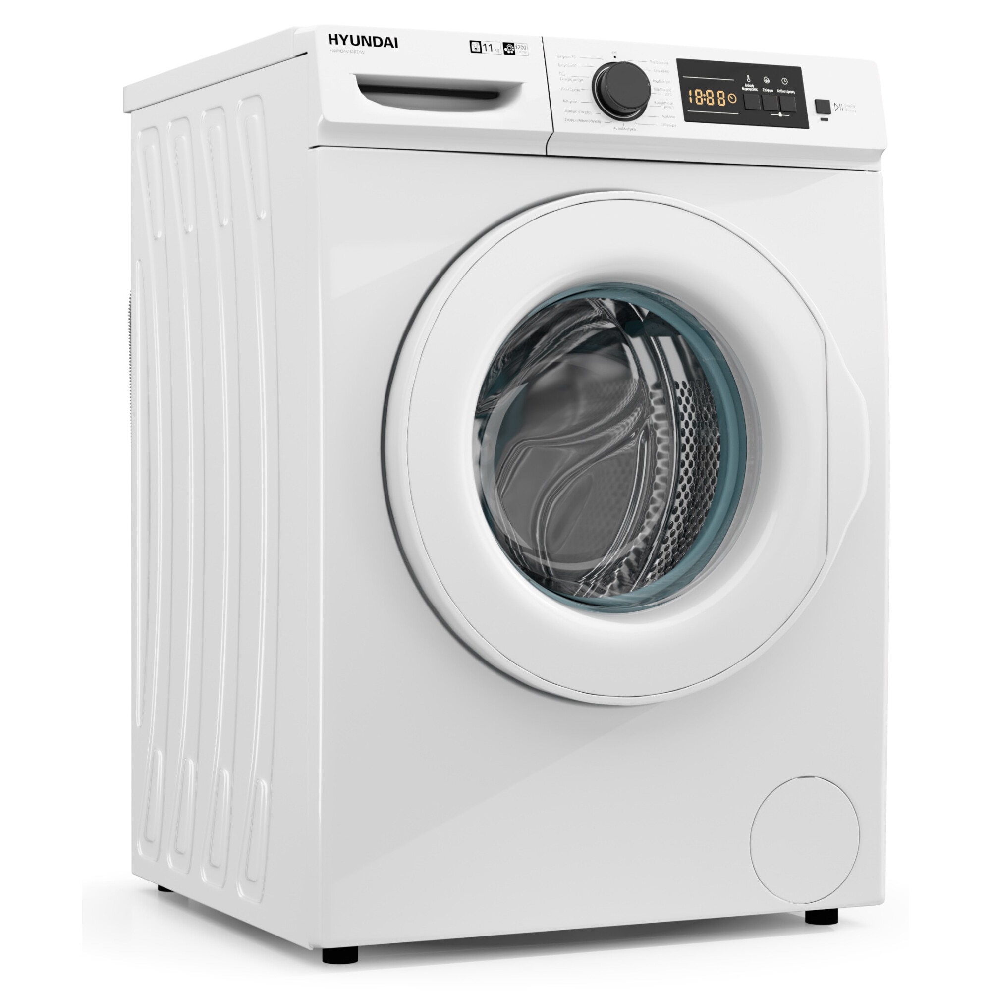 Masina de spalat rufe Hyundai HWM24V-1411T/W, 11 kg, 1200 RPM, Clasa A, Twin Jet, Motor Inverter, panou de control in limba greaca, Alb